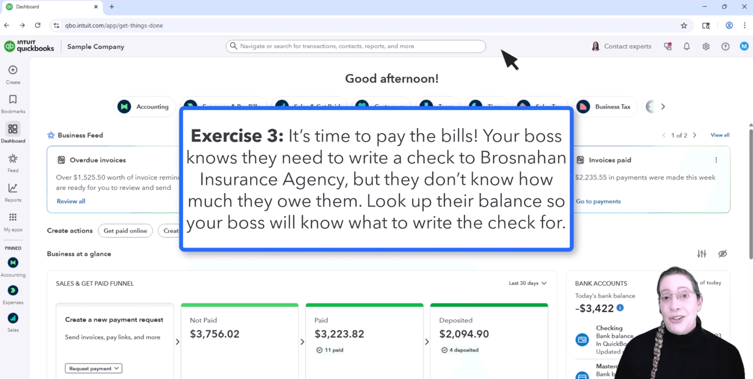 Instructor walking through a QuickBooks Online task with an exercise callout on-screen