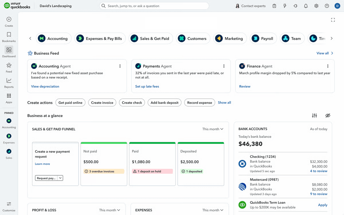 QuickBooks Online sandbox dashboard where learners practice tasks safely