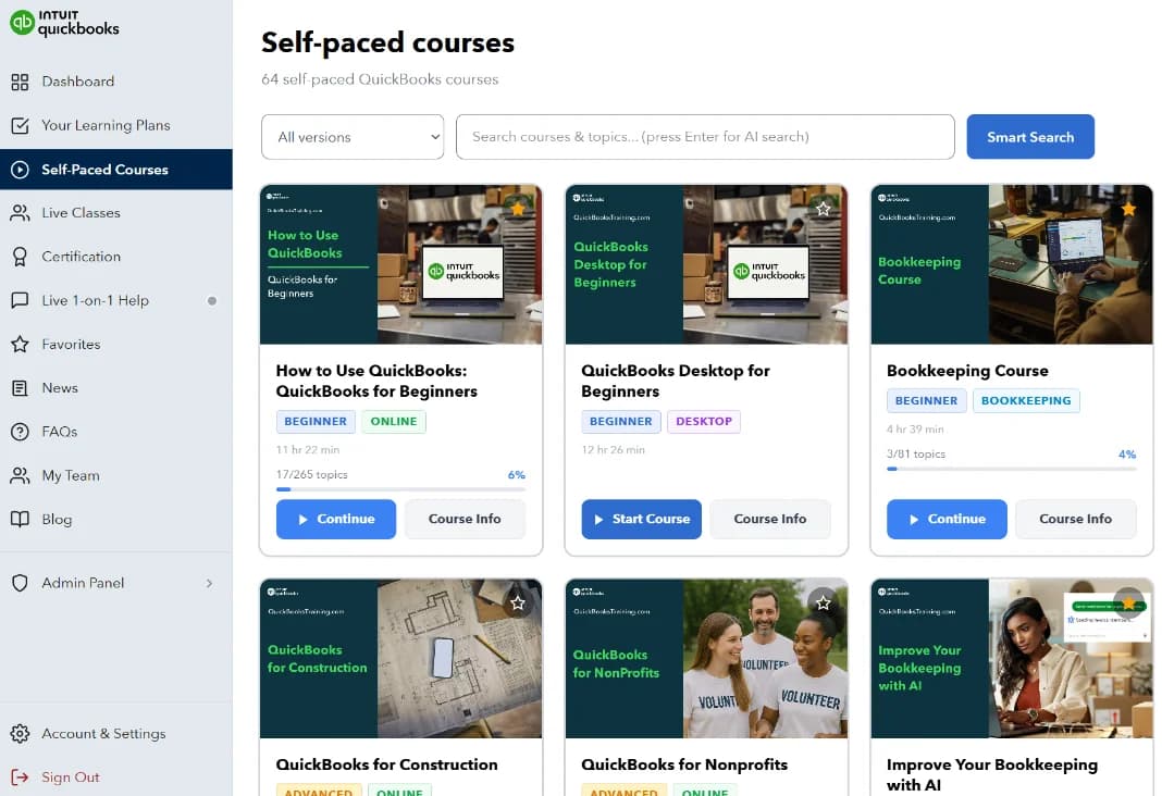 The QuickBooks self-paced course library