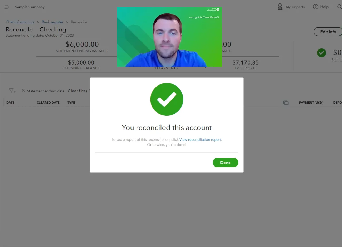 An instructor on a live video call helping reconcile an account in QuickBooks